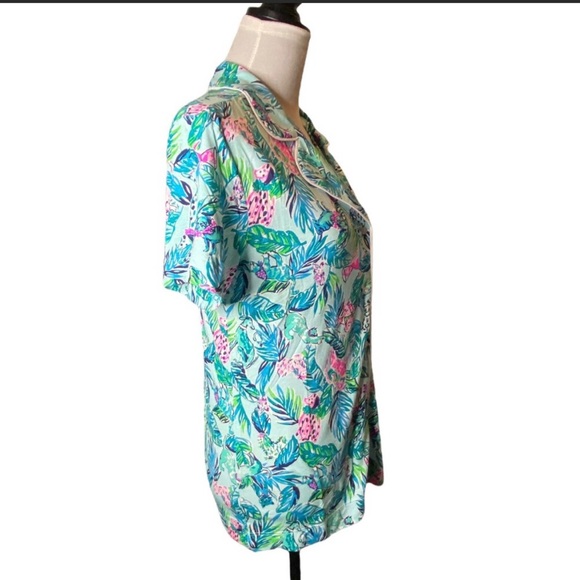 Lilly Pulitzer PJ Knit SS Button-Up Top Sea Salt Blue Barking Up the Palm Tree - Picture 8 of 8